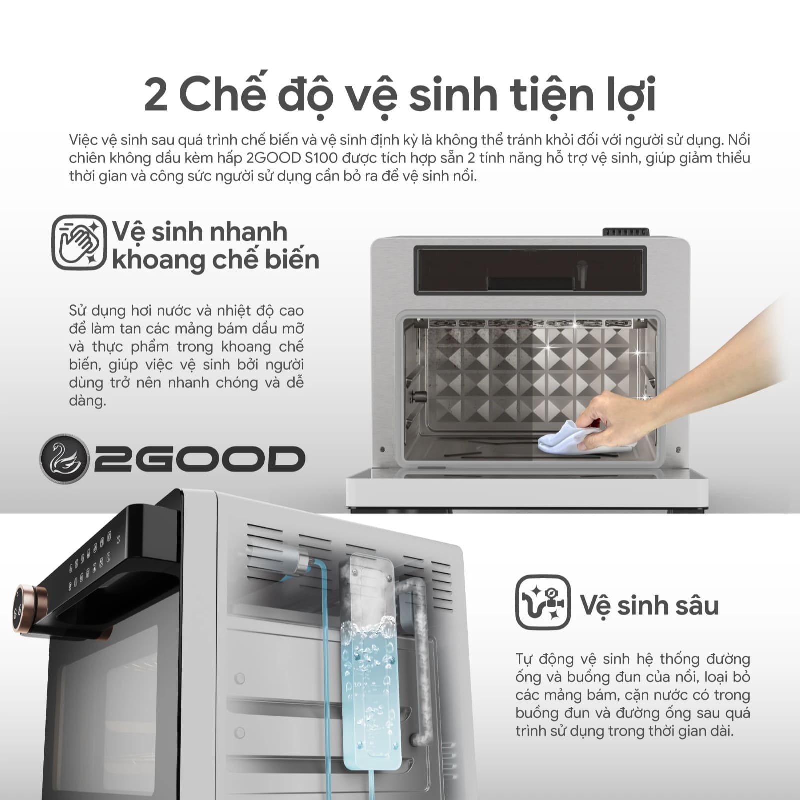 các chức năng tự động vệ sinh nồi chiên hấp